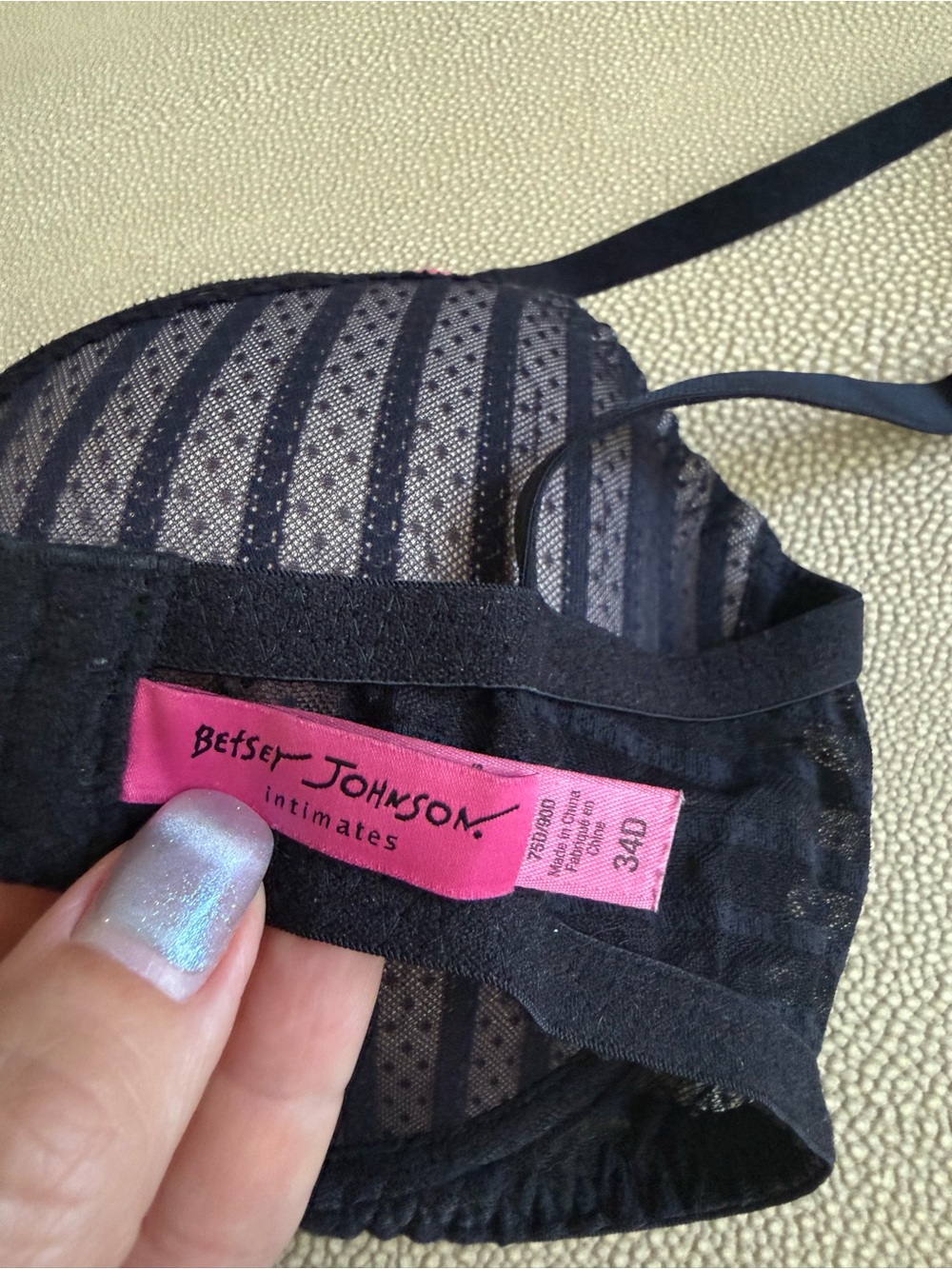 Lined Black Dot-Striped Underwire Bra with Pink Bow Accents - Picture 6 of 7